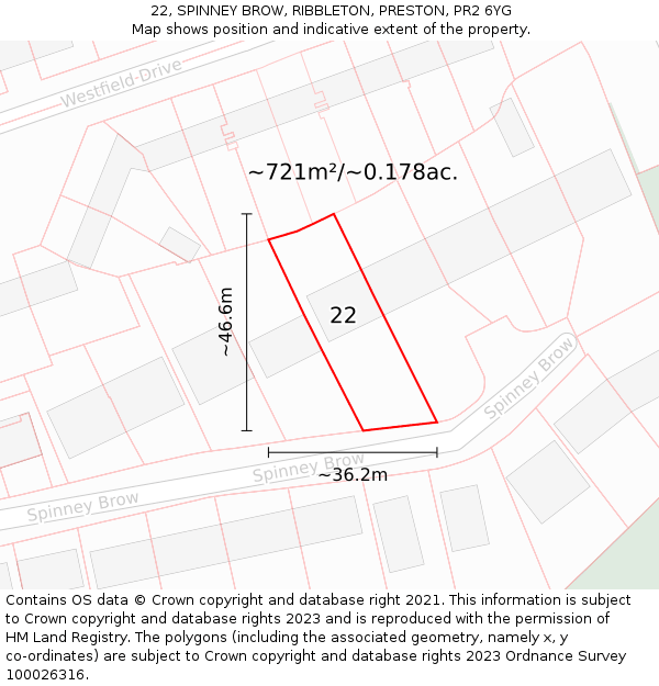 22, SPINNEY BROW, RIBBLETON, PRESTON, PR2 6YG: Plot and title map