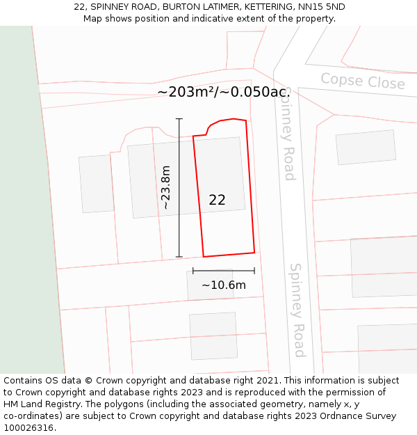 22, SPINNEY ROAD, BURTON LATIMER, KETTERING, NN15 5ND: Plot and title map