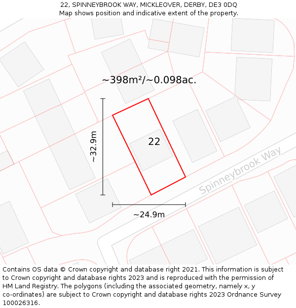 22, SPINNEYBROOK WAY, MICKLEOVER, DERBY, DE3 0DQ: Plot and title map