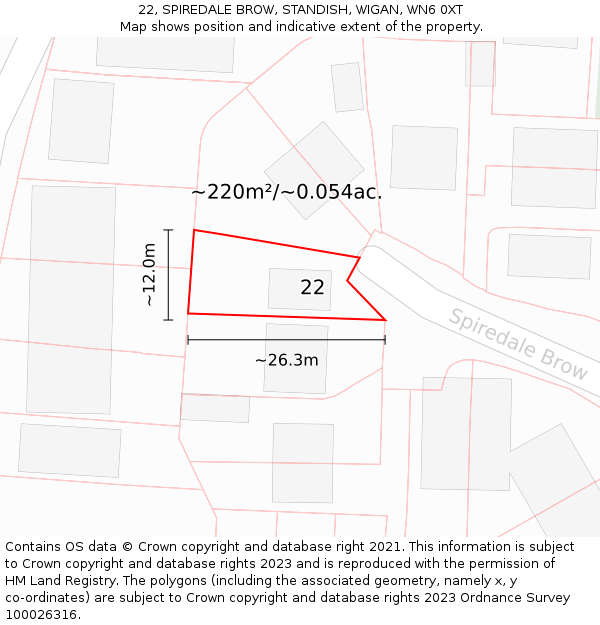 22, SPIREDALE BROW, STANDISH, WIGAN, WN6 0XT: Plot and title map