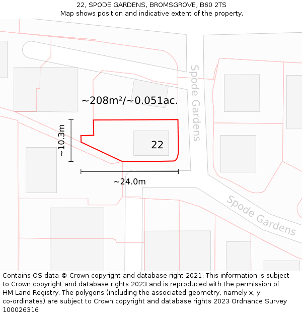 22, SPODE GARDENS, BROMSGROVE, B60 2TS: Plot and title map