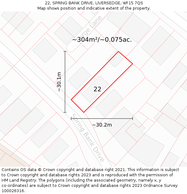 22, SPRING BANK DRIVE, LIVERSEDGE, WF15 7QS: Plot and title map