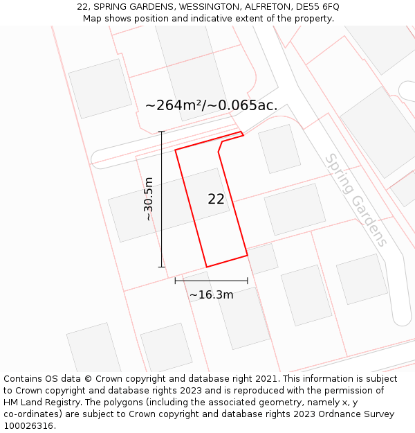 22, SPRING GARDENS, WESSINGTON, ALFRETON, DE55 6FQ: Plot and title map