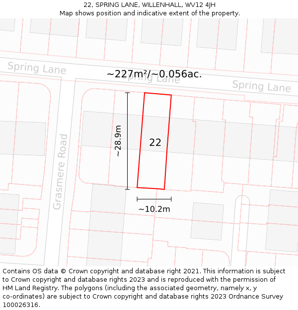 22, SPRING LANE, WILLENHALL, WV12 4JH: Plot and title map