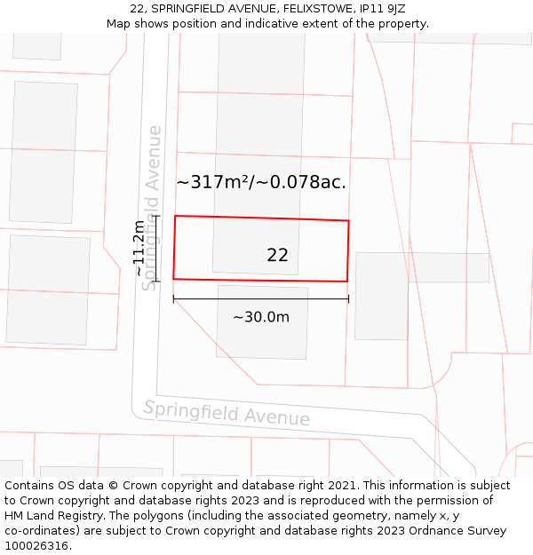 22, SPRINGFIELD AVENUE, FELIXSTOWE, IP11 9JZ: Plot and title map