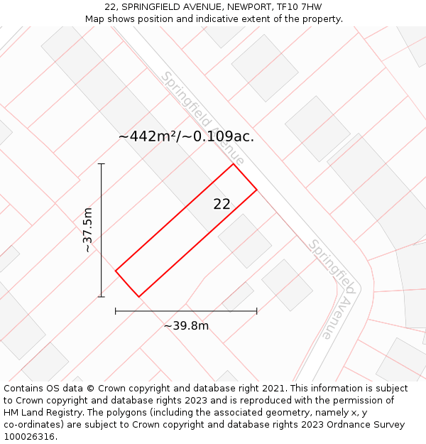 22, SPRINGFIELD AVENUE, NEWPORT, TF10 7HW: Plot and title map