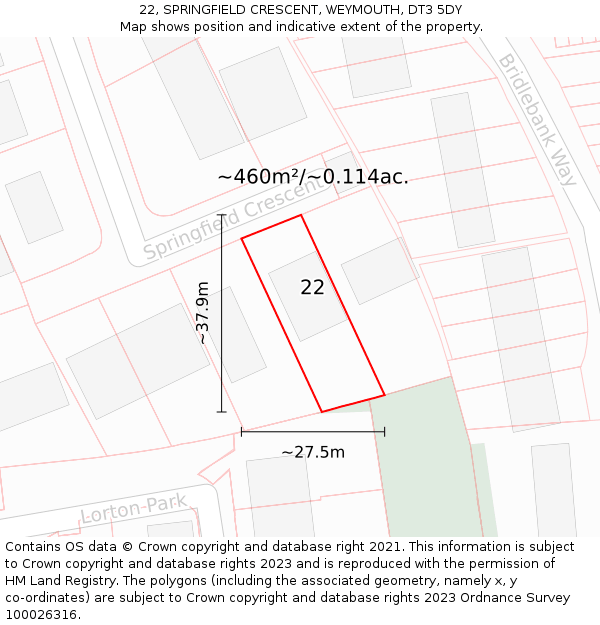 22, SPRINGFIELD CRESCENT, WEYMOUTH, DT3 5DY: Plot and title map