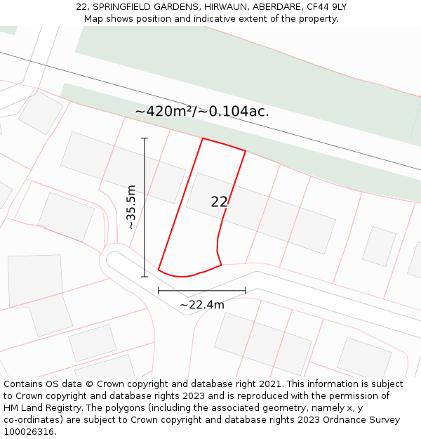 22, SPRINGFIELD GARDENS, HIRWAUN, ABERDARE, CF44 9LY: Plot and title map