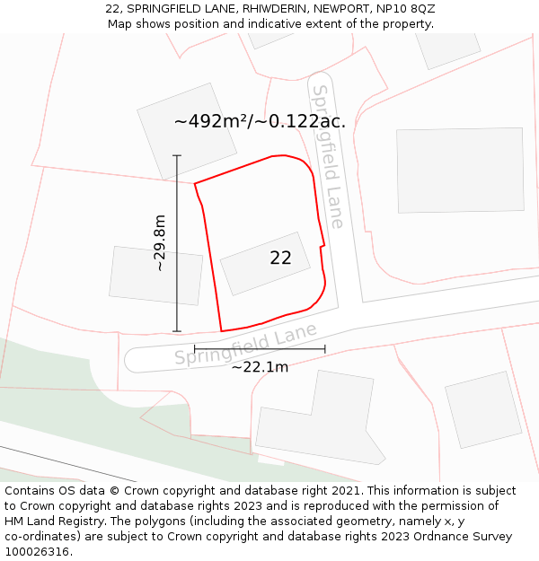 22, SPRINGFIELD LANE, RHIWDERIN, NEWPORT, NP10 8QZ: Plot and title map