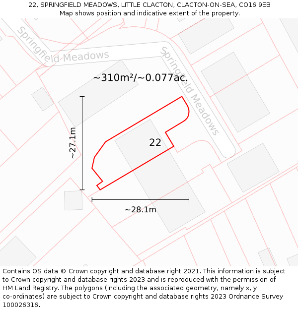 22, SPRINGFIELD MEADOWS, LITTLE CLACTON, CLACTON-ON-SEA, CO16 9EB: Plot and title map