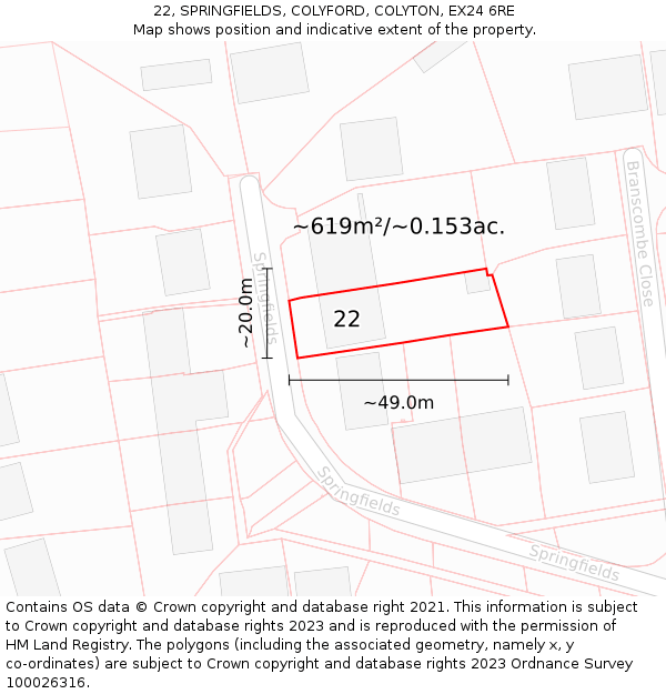 22, SPRINGFIELDS, COLYFORD, COLYTON, EX24 6RE: Plot and title map
