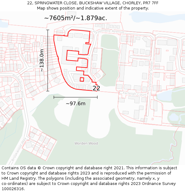 22, SPRINGWATER CLOSE, BUCKSHAW VILLAGE, CHORLEY, PR7 7FF: Plot and title map