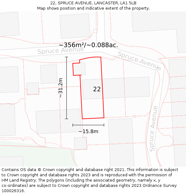 22, SPRUCE AVENUE, LANCASTER, LA1 5LB: Plot and title map