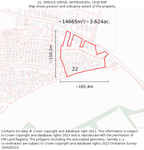 22, SPRUCE GROVE, WHITEHAVEN, CA28 6NP: Plot and title map