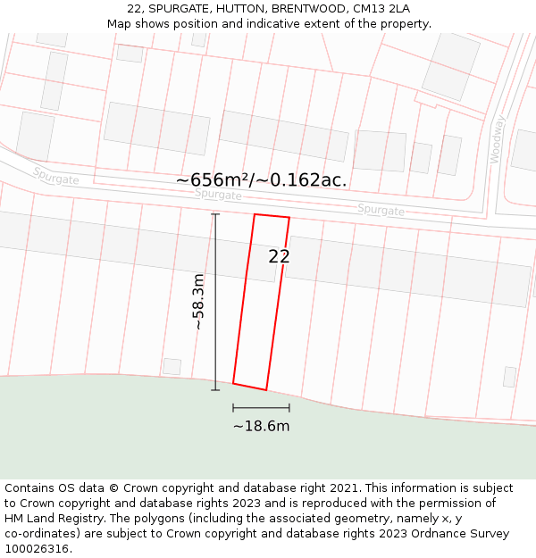 22, SPURGATE, HUTTON, BRENTWOOD, CM13 2LA: Plot and title map