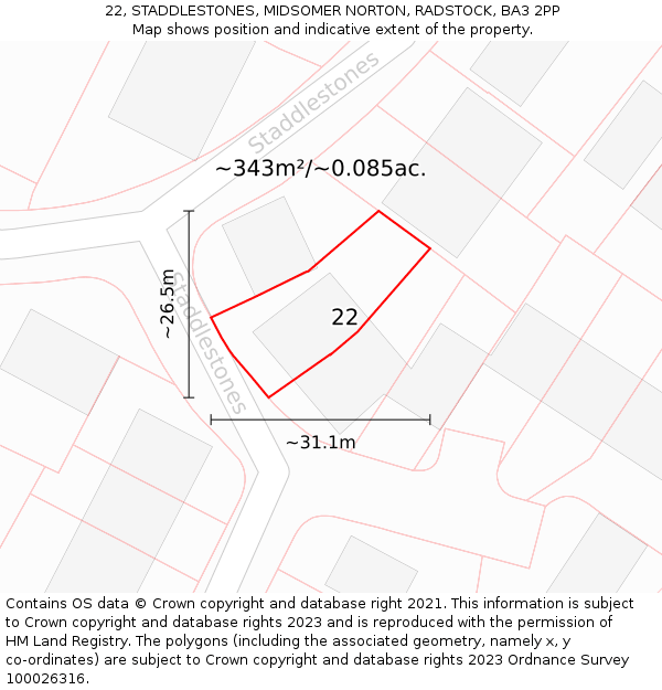 22, STADDLESTONES, MIDSOMER NORTON, RADSTOCK, BA3 2PP: Plot and title map