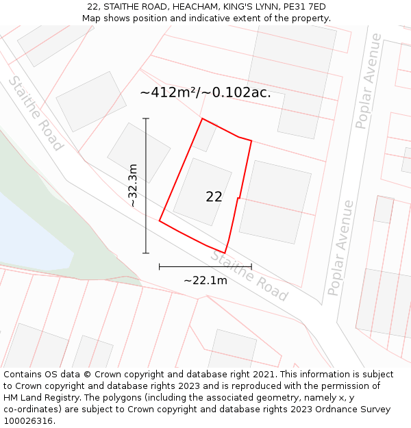 22, STAITHE ROAD, HEACHAM, KING'S LYNN, PE31 7ED: Plot and title map