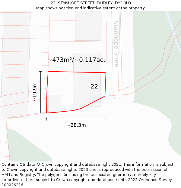 22, STANHOPE STREET, DUDLEY, DY2 9LB: Plot and title map