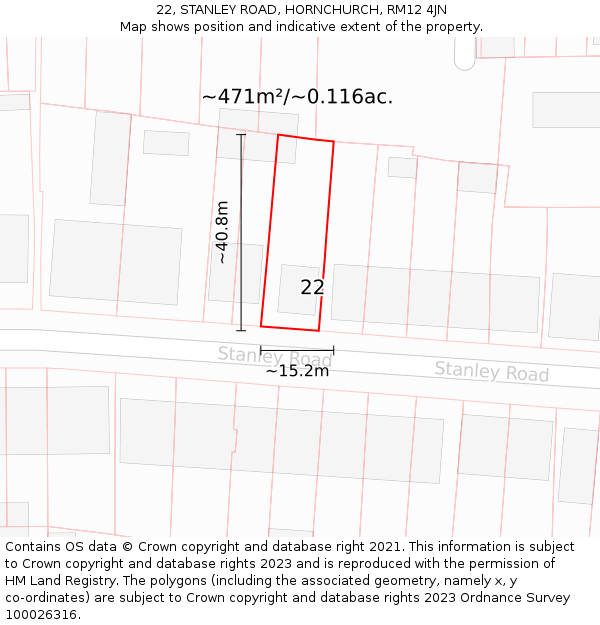 22, STANLEY ROAD, HORNCHURCH, RM12 4JN: Plot and title map