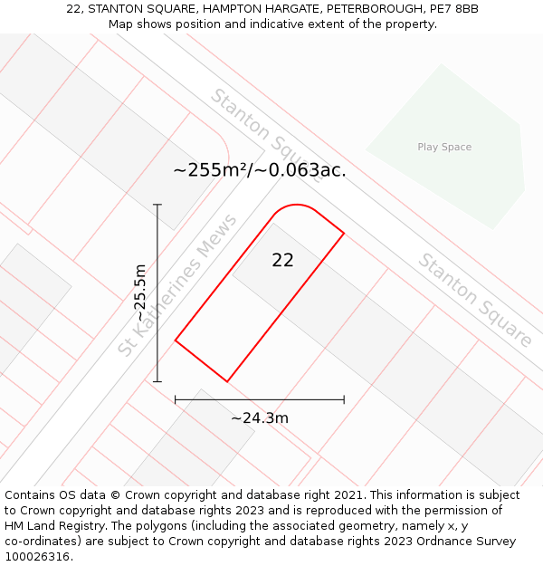 22, STANTON SQUARE, HAMPTON HARGATE, PETERBOROUGH, PE7 8BB: Plot and title map