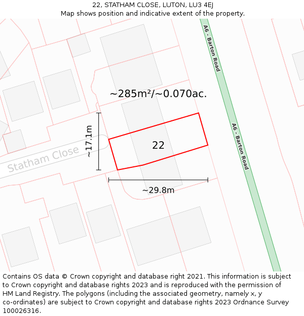 22, STATHAM CLOSE, LUTON, LU3 4EJ: Plot and title map