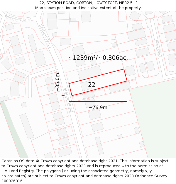 22, STATION ROAD, CORTON, LOWESTOFT, NR32 5HF: Plot and title map