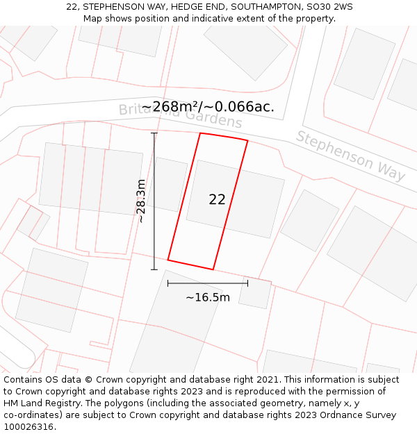 22, STEPHENSON WAY, HEDGE END, SOUTHAMPTON, SO30 2WS: Plot and title map
