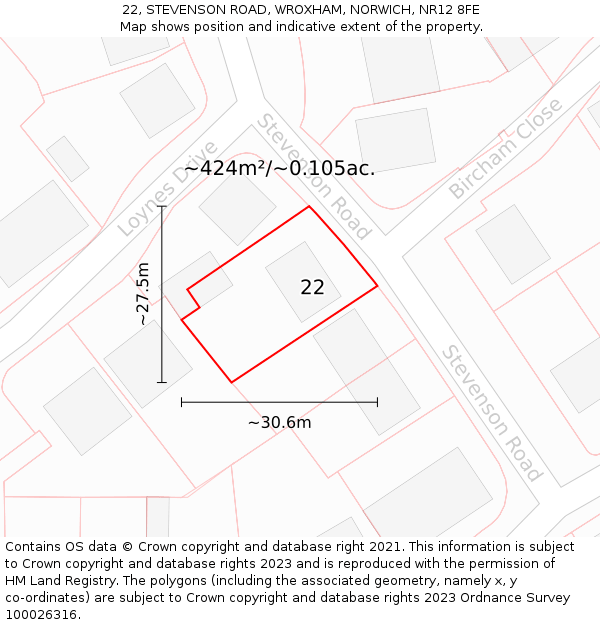 22, STEVENSON ROAD, WROXHAM, NORWICH, NR12 8FE: Plot and title map