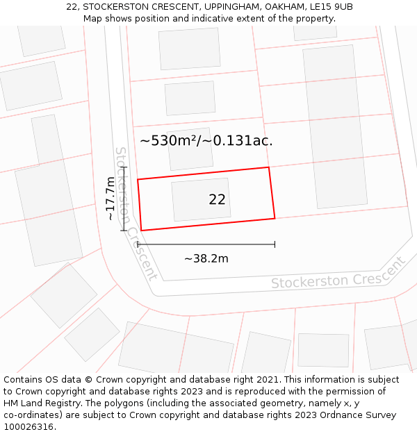 22, STOCKERSTON CRESCENT, UPPINGHAM, OAKHAM, LE15 9UB: Plot and title map