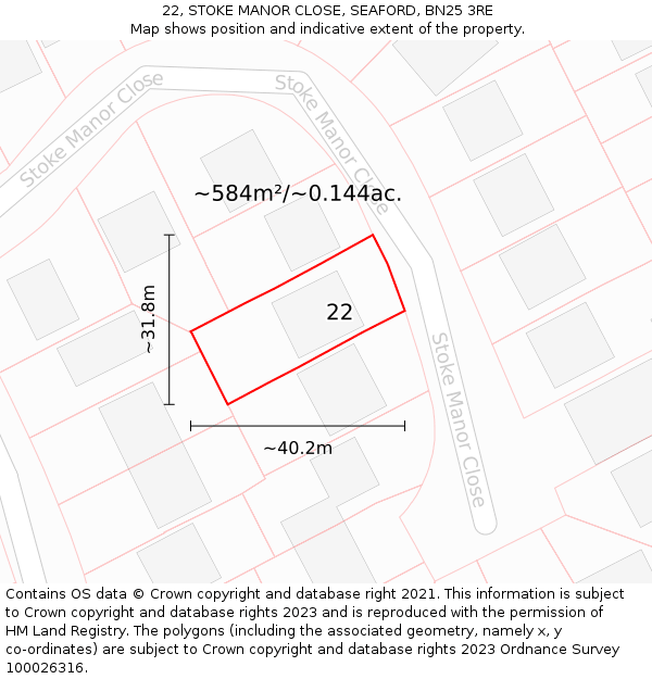 22, STOKE MANOR CLOSE, SEAFORD, BN25 3RE: Plot and title map