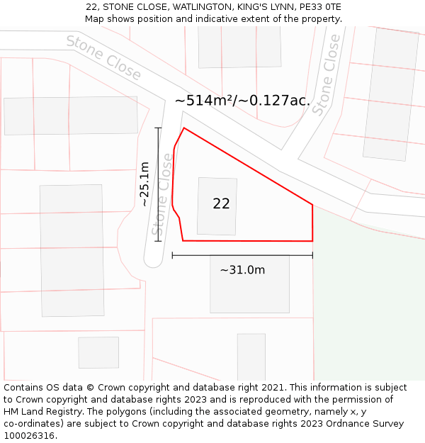 22, STONE CLOSE, WATLINGTON, KING'S LYNN, PE33 0TE: Plot and title map