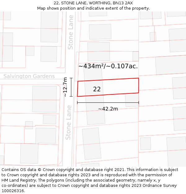 22, STONE LANE, WORTHING, BN13 2AX: Plot and title map