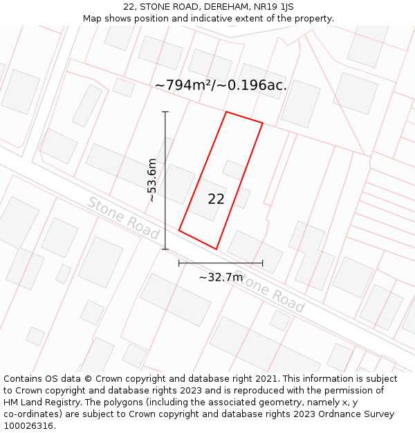 22, STONE ROAD, DEREHAM, NR19 1JS: Plot and title map