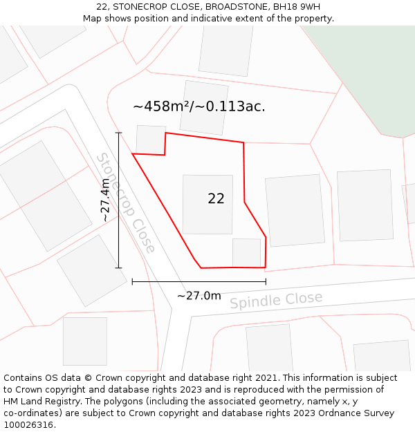 22, STONECROP CLOSE, BROADSTONE, BH18 9WH: Plot and title map