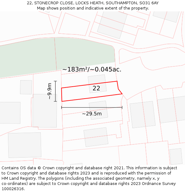 22, STONECROP CLOSE, LOCKS HEATH, SOUTHAMPTON, SO31 6AY: Plot and title map