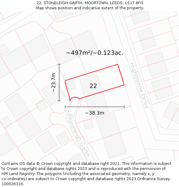 22, STONELEIGH GARTH, MOORTOWN, LEEDS, LS17 8FG: Plot and title map