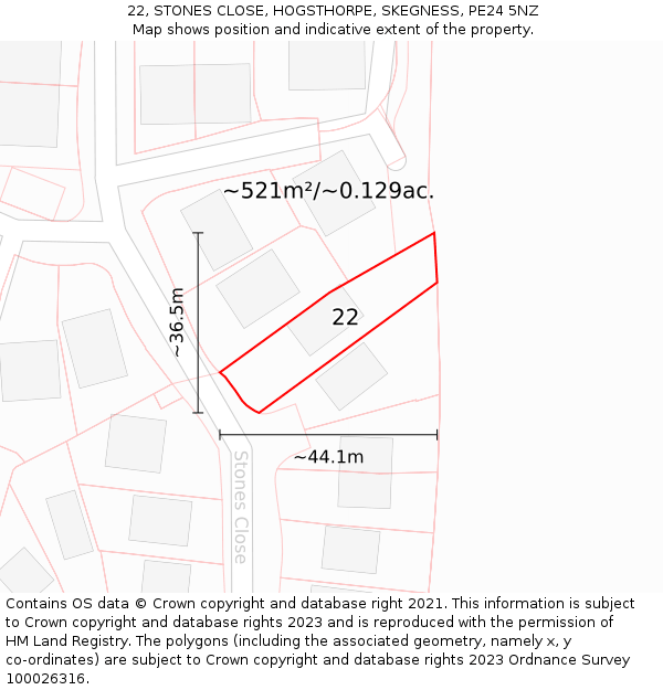 22, STONES CLOSE, HOGSTHORPE, SKEGNESS, PE24 5NZ: Plot and title map