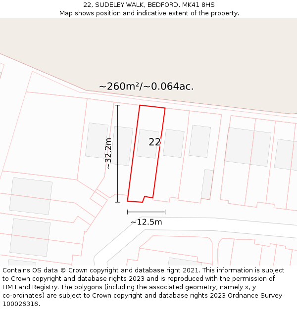 22, SUDELEY WALK, BEDFORD, MK41 8HS: Plot and title map