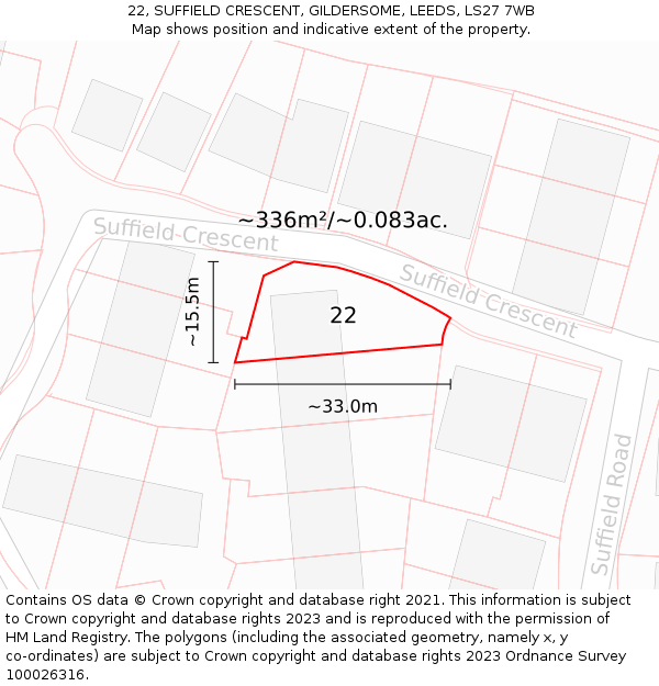 22, SUFFIELD CRESCENT, GILDERSOME, LEEDS, LS27 7WB: Plot and title map