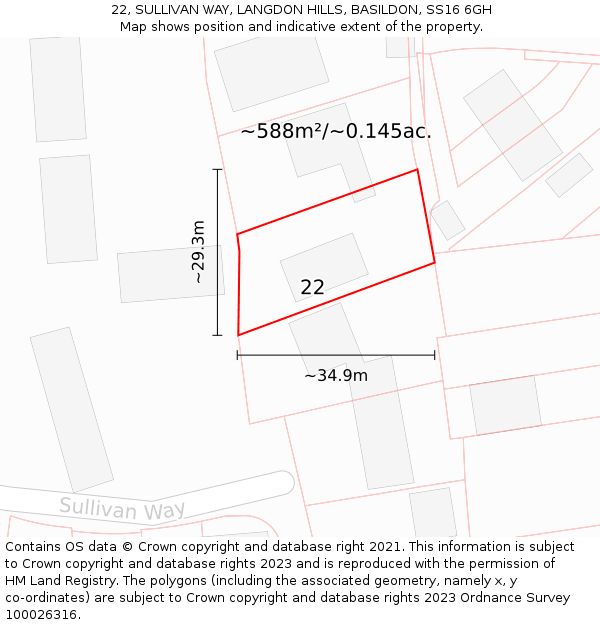 22, SULLIVAN WAY, LANGDON HILLS, BASILDON, SS16 6GH: Plot and title map