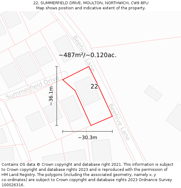22, SUMMERFIELD DRIVE, MOULTON, NORTHWICH, CW9 8PU: Plot and title map