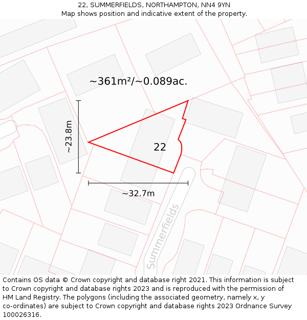 22, SUMMERFIELDS, NORTHAMPTON, NN4 9YN: Plot and title map