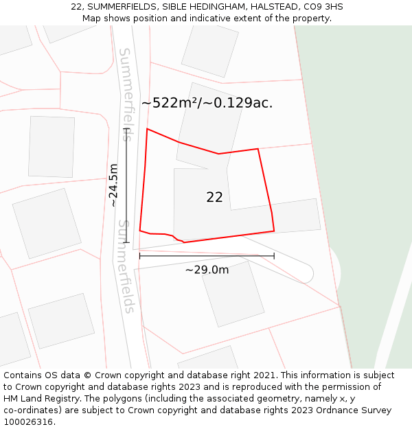 22, SUMMERFIELDS, SIBLE HEDINGHAM, HALSTEAD, CO9 3HS: Plot and title map