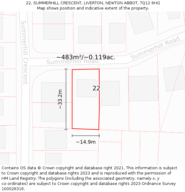 22, SUMMERHILL CRESCENT, LIVERTON, NEWTON ABBOT, TQ12 6HG: Plot and title map