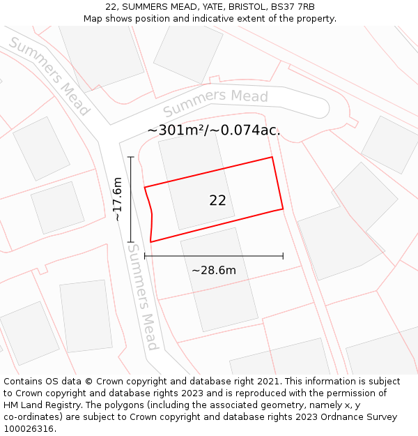 22, SUMMERS MEAD, YATE, BRISTOL, BS37 7RB: Plot and title map