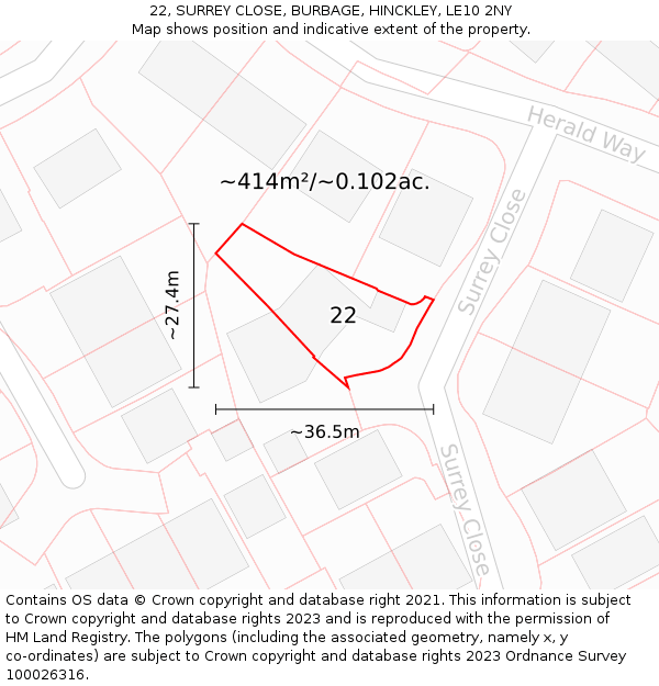 22, SURREY CLOSE, BURBAGE, HINCKLEY, LE10 2NY: Plot and title map