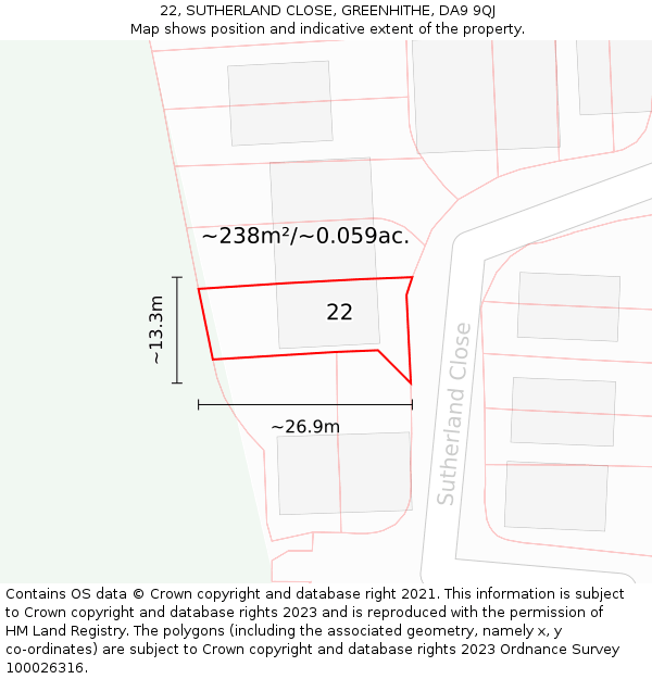 22, SUTHERLAND CLOSE, GREENHITHE, DA9 9QJ: Plot and title map
