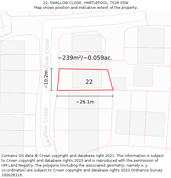 22, SWALLOW CLOSE, HARTLEPOOL, TS26 0SW: Plot and title map