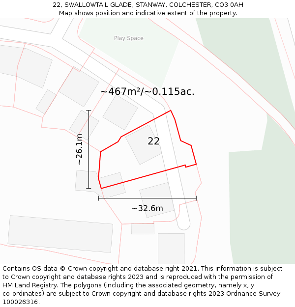 22, SWALLOWTAIL GLADE, STANWAY, COLCHESTER, CO3 0AH: Plot and title map