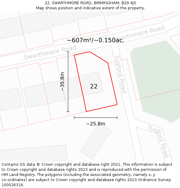 22, SWARTHMORE ROAD, BIRMINGHAM, B29 4JS: Plot and title map